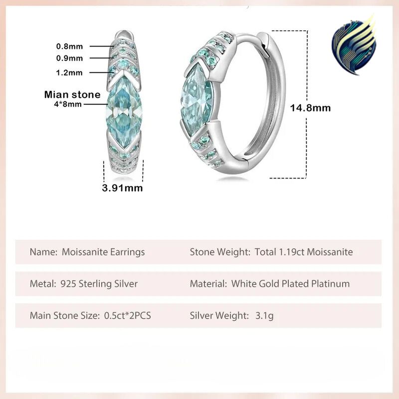 Marquise  1ct 4*8mm Cut Blue Green Moissanite Diamond Hoop Earrings for Men Women S925 Sterling Silver Pass Test