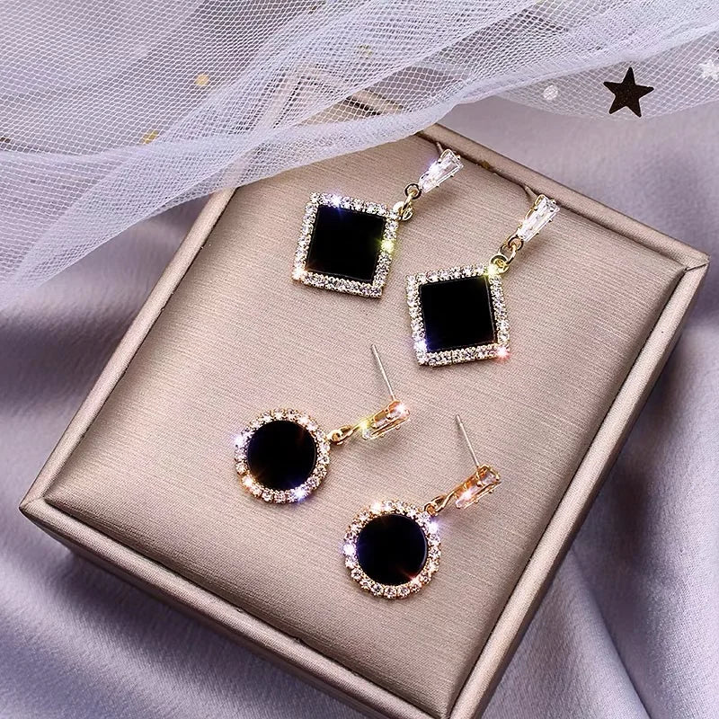 hot new black round rhinestone earrings fashion simple and versatile temperament female wedding earrings jewel