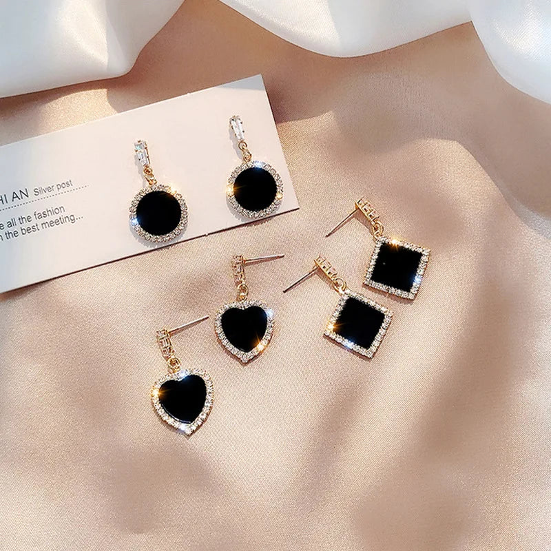 hot new black round rhinestone earrings fashion simple and versatile temperament female wedding earrings jewel