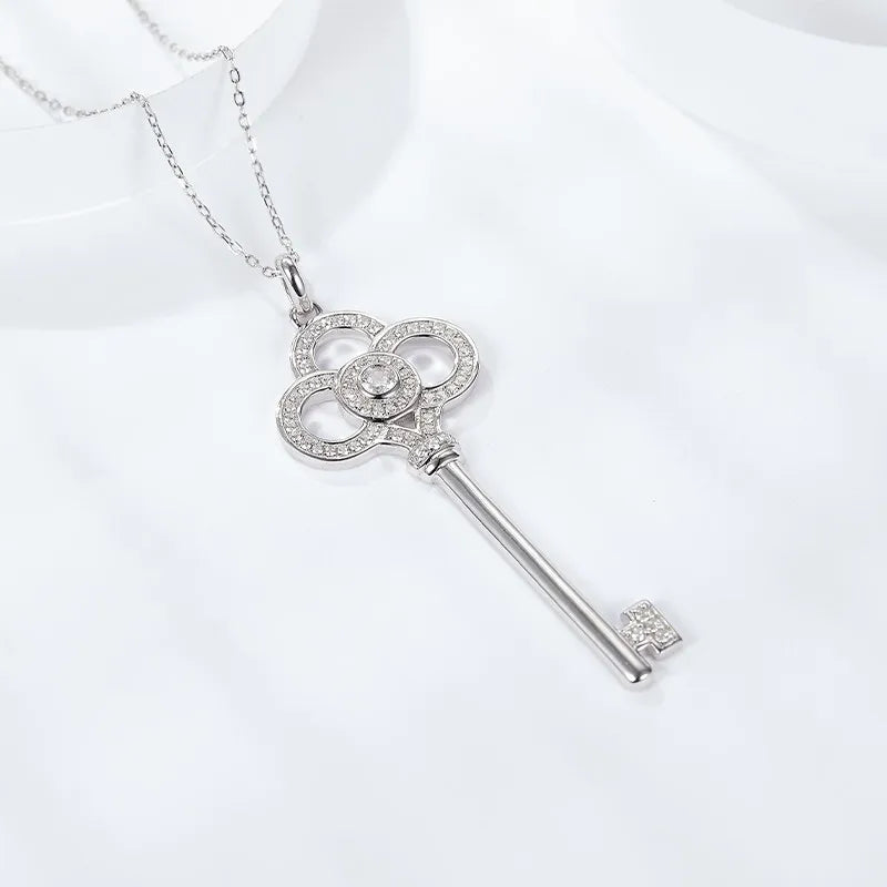 White Zircon Key Pendant Necklace 925 Sterling Silver Necklaces for Women Engagement Promise Wedding Jewelry Gifts