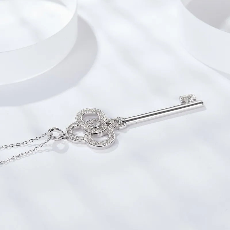 White Zircon Key Pendant Necklace 925 Sterling Silver Necklaces for Women Engagement Promise Wedding Jewelry Gifts