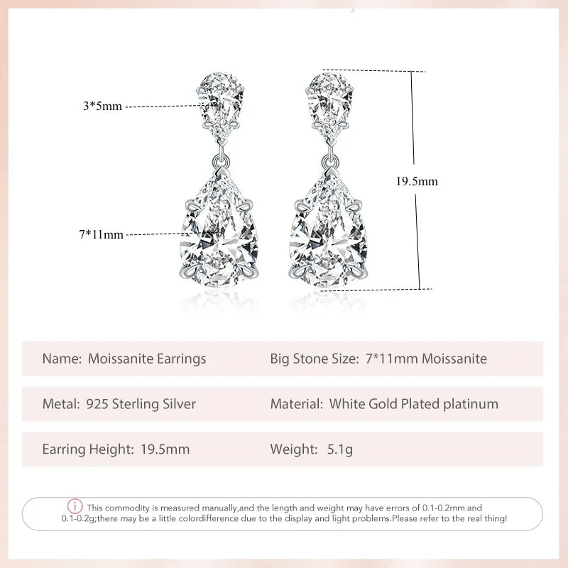 Water Drop 7*11mm  Moissanite Diamond Dangle Earring Total 6.7ct 925 Sterling Silver Wedding Drop Earrings for Women