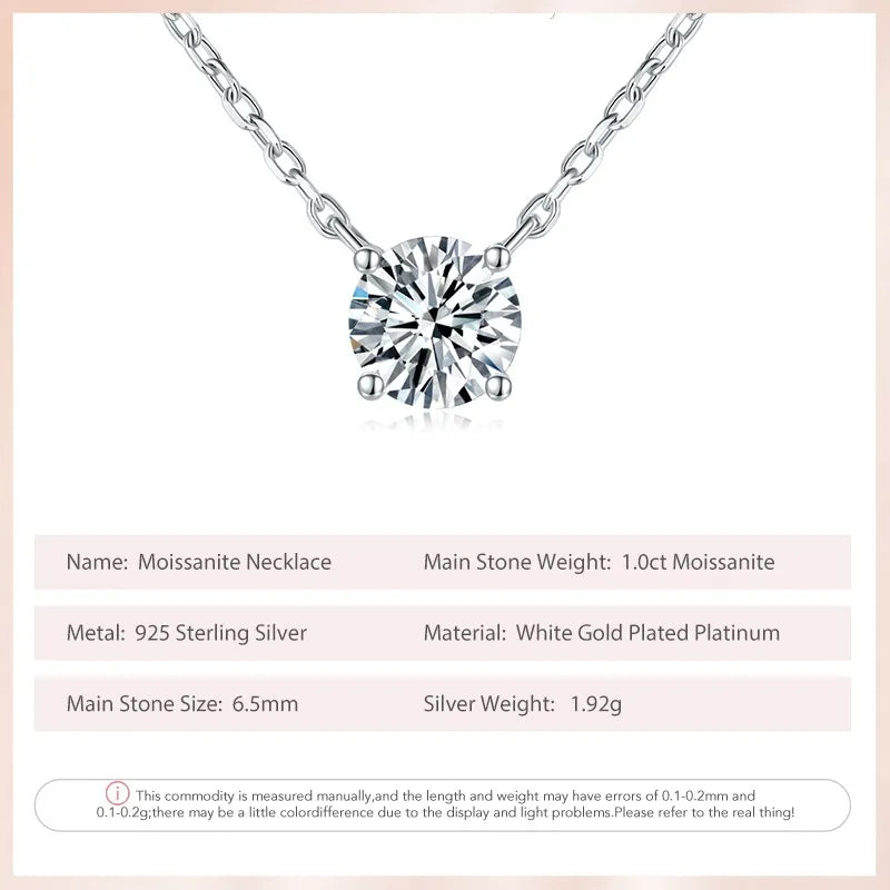 Moissanite 6.5mm 1ct 8mm 2ct  Diamond Necklace for Woman Pendant 925 Sterling Silver Chain Party Bridal Fine Jewelry