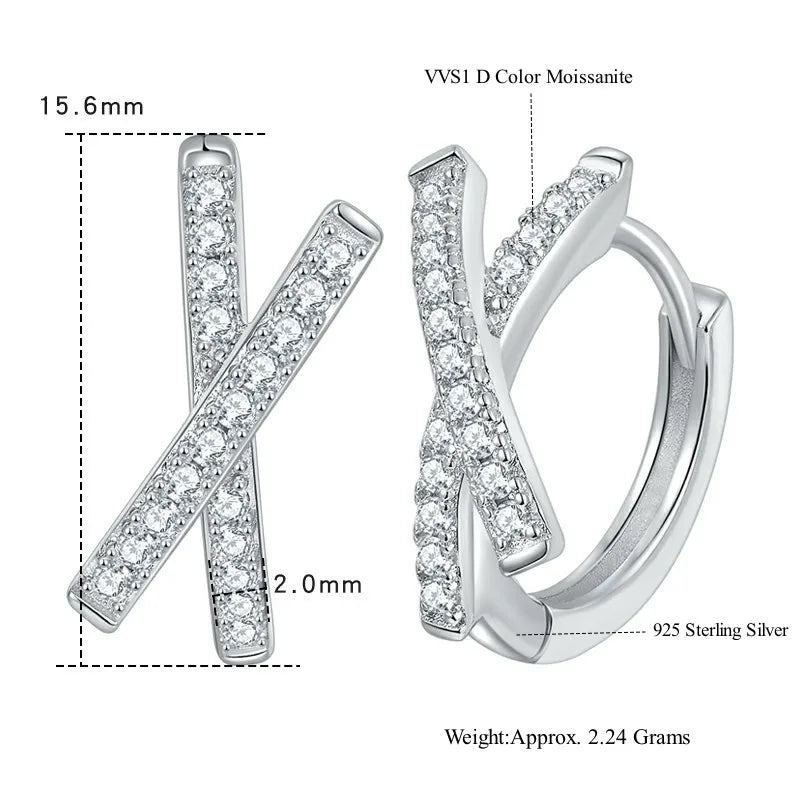 Real Moissanite Hoop Earrings for Women Cross Wedding Sparkling 925 Sterling Silver Simulated Diamond