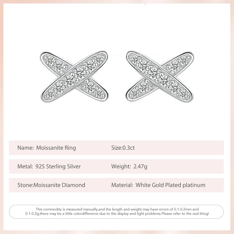 Real Moissanite 0.3ct  Diamond Stud Earrings for Women Cross Wedding Sparkling 925 Silver Simulated Diamond Ear Stud