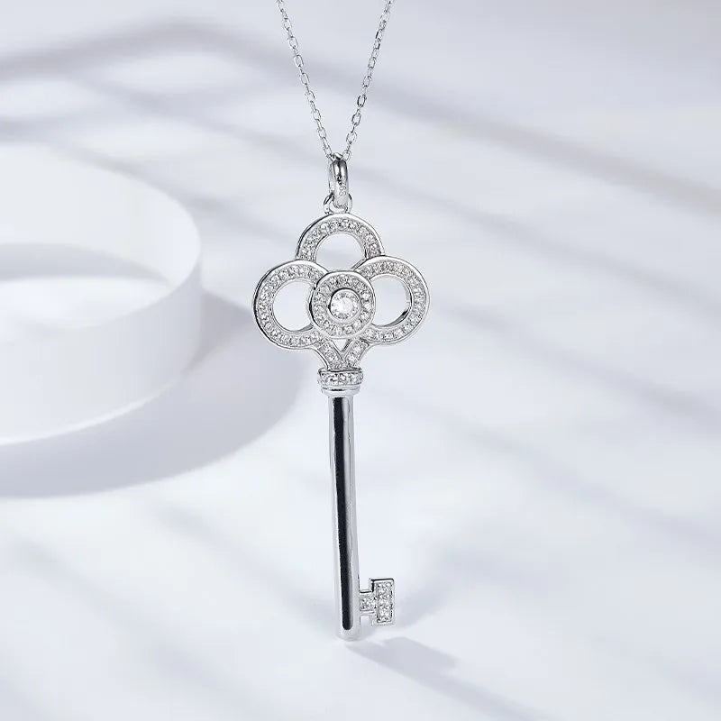 White Zircon Key Pendant Necklace 925 Sterling Silver Necklaces for Women Engagement Promise Wedding Jewelry Gifts