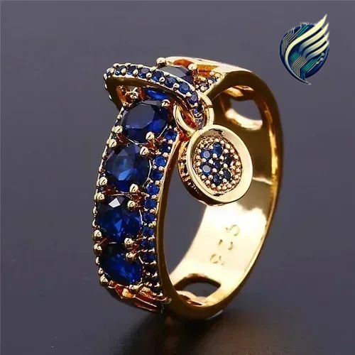 Engagement Jewelry Gifts Vintage Royal Blue Stone Ring Yellow Gold Color Luxury Female Wedding Rings For Women Round Dangle Ring